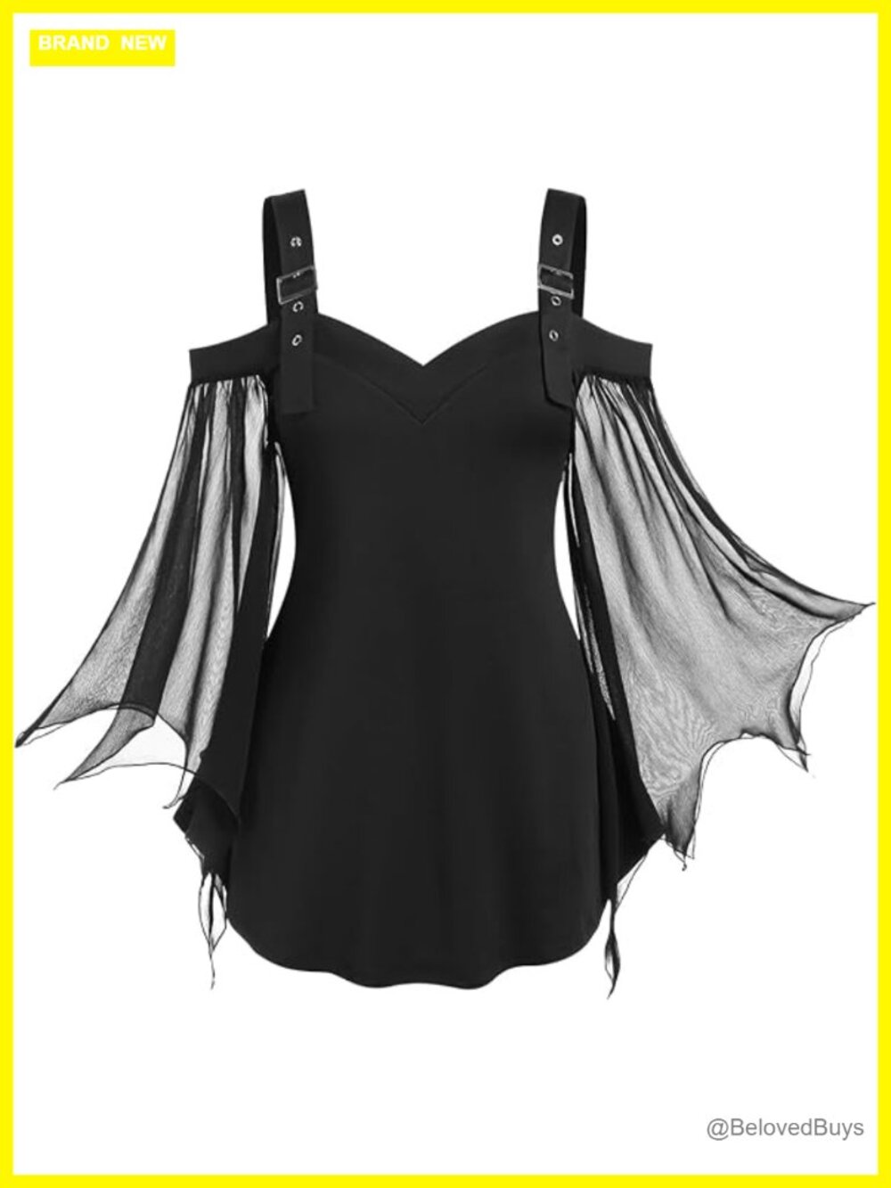 Gothic Plus Size Cold Shoulder Bell Sleeve Top with Mesh and Buckle Straps